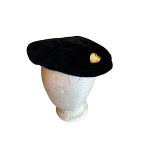 Vintage Black Velvet Beret With Heart Accent One Size
